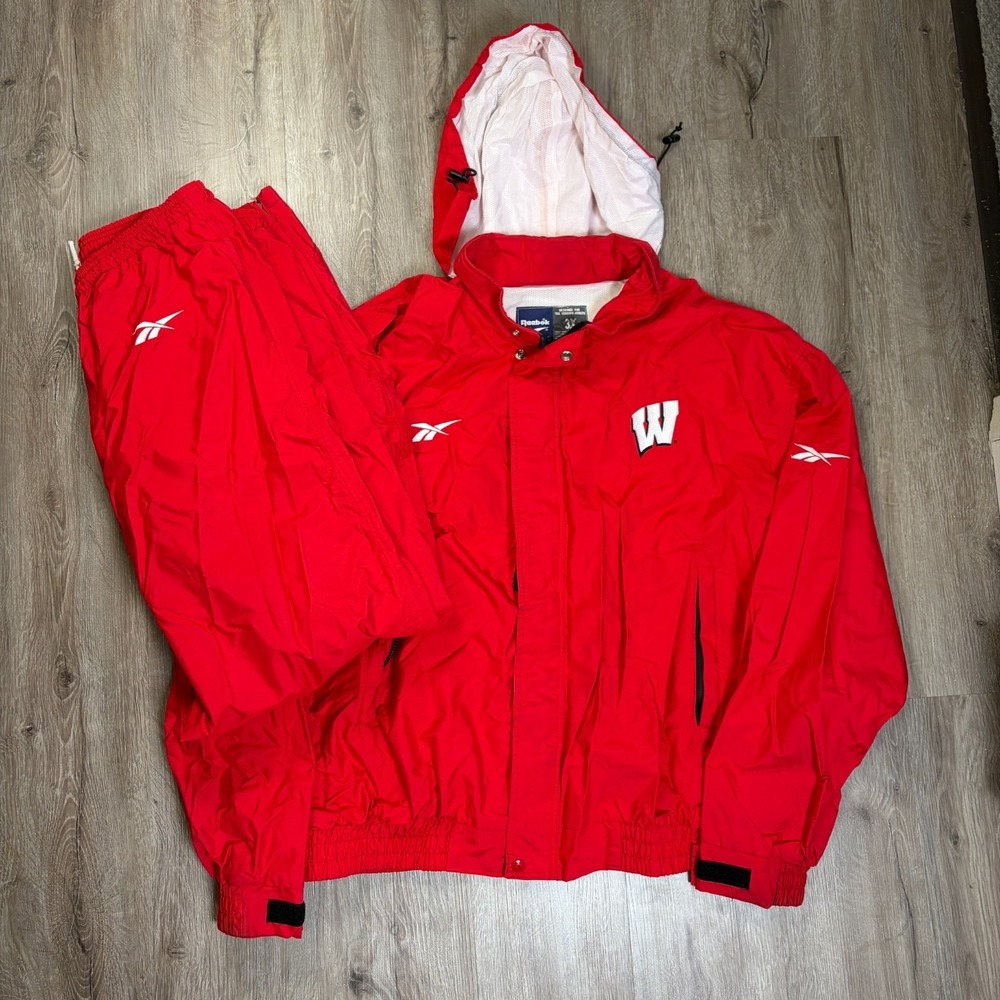 VTG Wisconsin Badgers Track Suit Pants Jacket Windbreaker Reebok USA 3XL